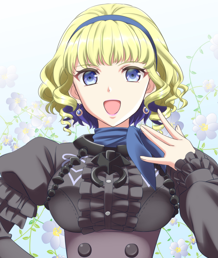 1girl blonde_hair blue_background constance_von_nuvelle drill_hair earrings fire_emblem fire_emblem:_three_houses flower garreg_mach_monastery_uniform hairband highres jewelry kakiko210 leaf lipstick makeup multicolored_hair open_mouth purple_hair solo two-tone_hair violet_eyes