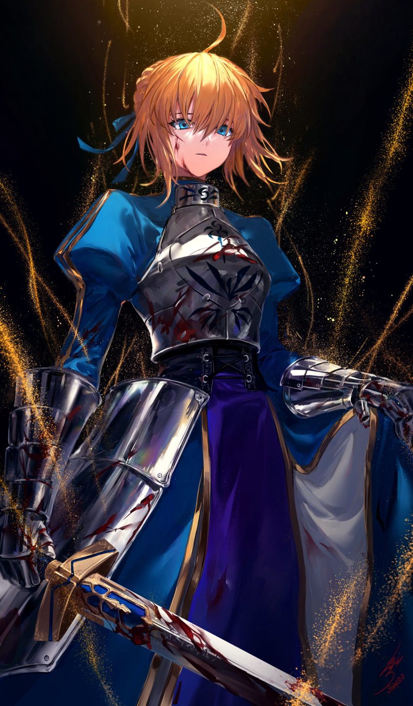 1girl after_battle ahoge armor armored_dress artoria_pendragon_(all) bangs blonde_hair blood blood_on_face bloody_weapon blue_eyes braid commentary crown_braid excalibur fate/grand_order fate/stay_night fate/zero fate_(series) gauntlets hair_between_eyes highres holding holding_skirt holding_sword holding_weapon hoojiro juliet_sleeves long_sleeves ponytail puffy_sleeves saber standing sword weapon