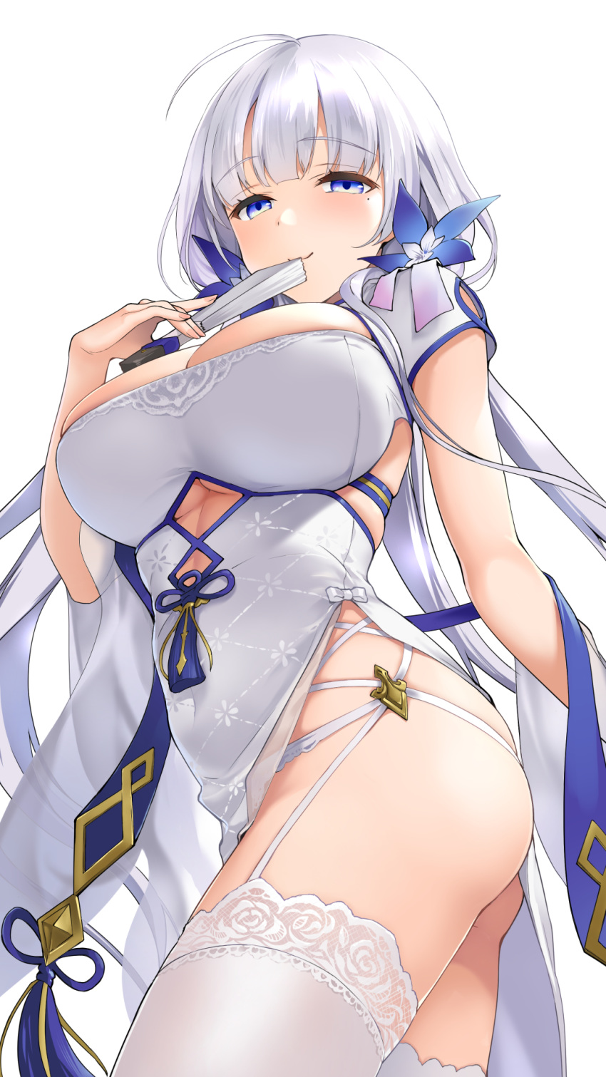 1girl ahoge artist_request azur_lane bangs blue_eyes blush breasts china_dress chinese_clothes dress eyebrows_visible_through_hair fan folding_fan from_below garter_straps highres holding holding_fan illustrious_(azur_lane) illustrious_(maiden_lily's_radiance)_(azur_lane) large_breasts long_hair looking_at_viewer looking_down mole mole_under_eye simple_background solo standing thigh-highs thighs very_long_hair white_background white_dress white_hair white_legwear