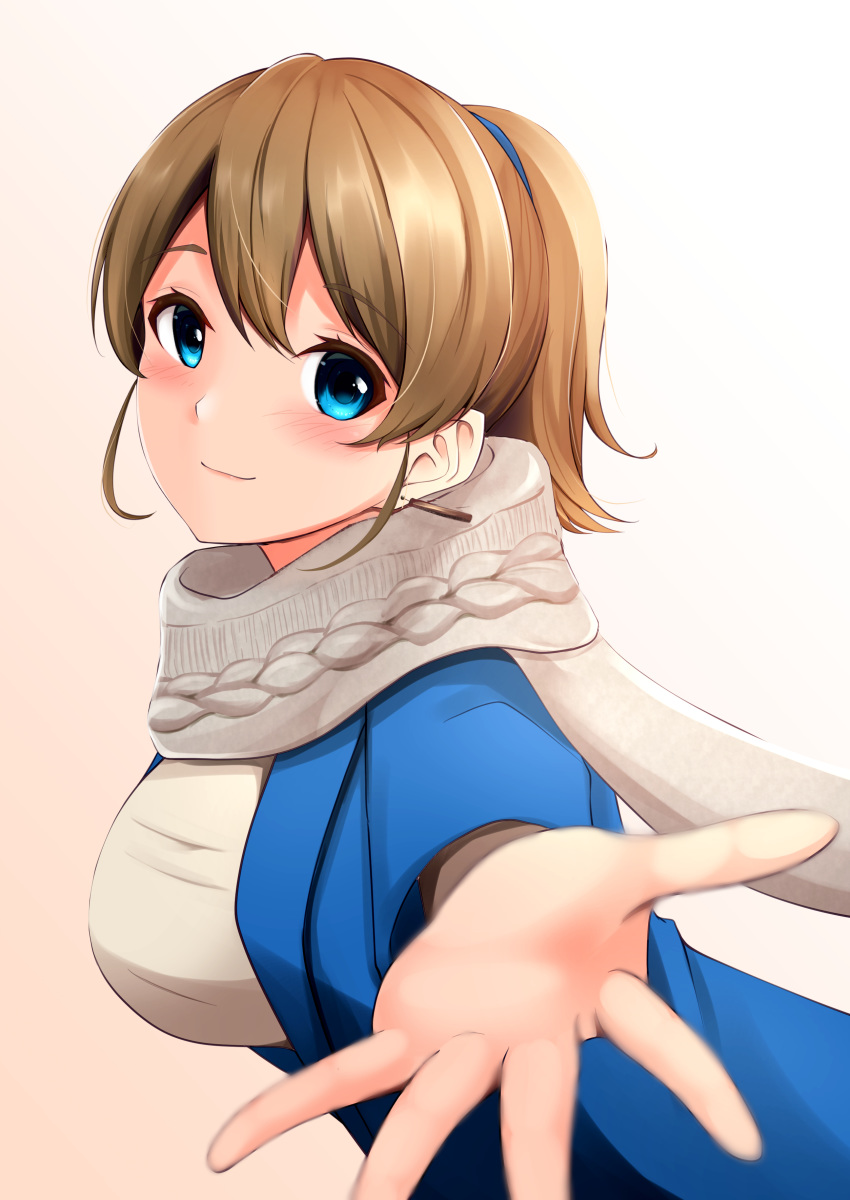 1girl absurdres alternate_costume blue_coat blue_eyes breasts brown_hair casual coat highres intrepid_(kantai_collection) kantai_collection large_breasts looking_at_viewer ponytail scarf short_hair smile solo sweater tonbury white_sweater
