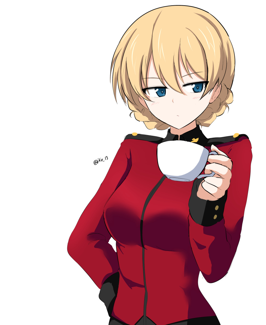 1girl absurdres aikir_(jml5160) bangs blonde_hair blue_eyes braid closed_mouth commentary cup darjeeling_(girls_und_panzer) epaulettes eyebrows_visible_through_hair girls_und_panzer half-closed_eyes hand_on_hip highres holding holding_cup insignia jacket light_blush light_frown long_sleeves looking_at_viewer military military_uniform red_jacket short_hair simple_background solo st._gloriana's_military_uniform teacup tied_hair twin_braids twitter_username uniform white_background