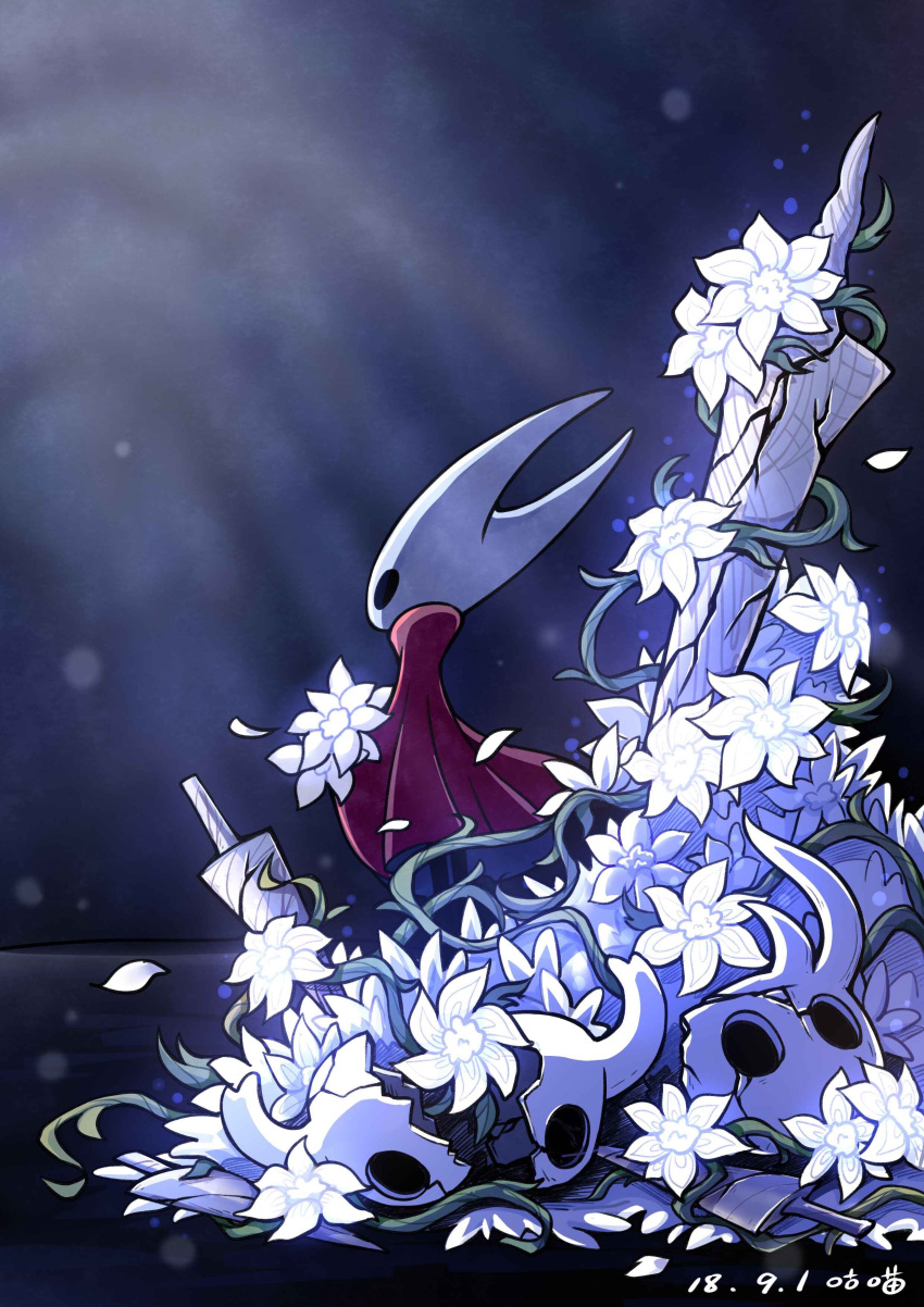 1girl absurdres cloak commentary crack cracked_mask flower highres holding holding_flower hollow_eyes hollow_knight hornet_(hollow_knight) nail petals red_cloak solo standing ugly_cat weapon white_flower