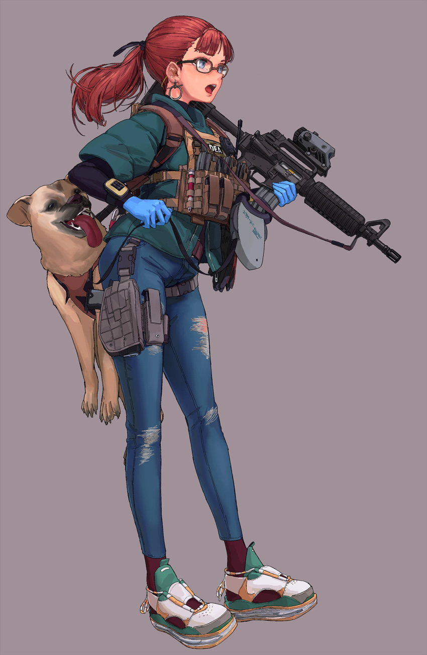1girl bangs blue_eyes blue_gloves denim dog earrings full_body glasses gloves grey_background gun highres jacket jeans jewelry long_sleeves open_mouth original pants ponytail redhead seung_mo_kim shoes short_over_long_sleeves short_sleeves simple_background solo standing tongue tongue_out torn_clothes torn_jeans torn_pants weapon zipper zipper_pull_tab