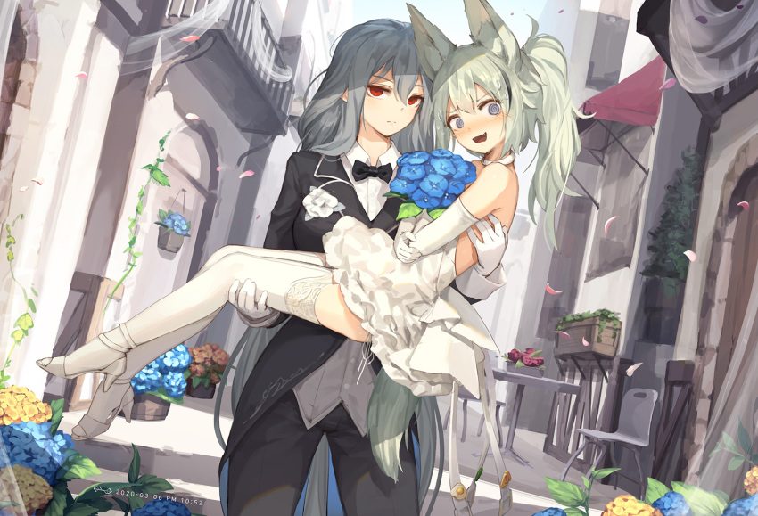 2girls @_@ animal_ears arknights balcony bangs blue_eyes blue_flower blush bouquet bow bowtie carrying chair choker closed_mouth commentary dress fangs flower gloves grani_(arknights) green_hair grey_hair hair_between_eyes high_heels highres holding holding_bouquet jakoujika long_hair looking_at_viewer multiple_girls ponytail princess_carry red_eyes skadi_(arknights) table tail thigh-highs tuxedo wedding_dress white_dress white_gloves white_legwear wife_and_wife yellow_flower yuri