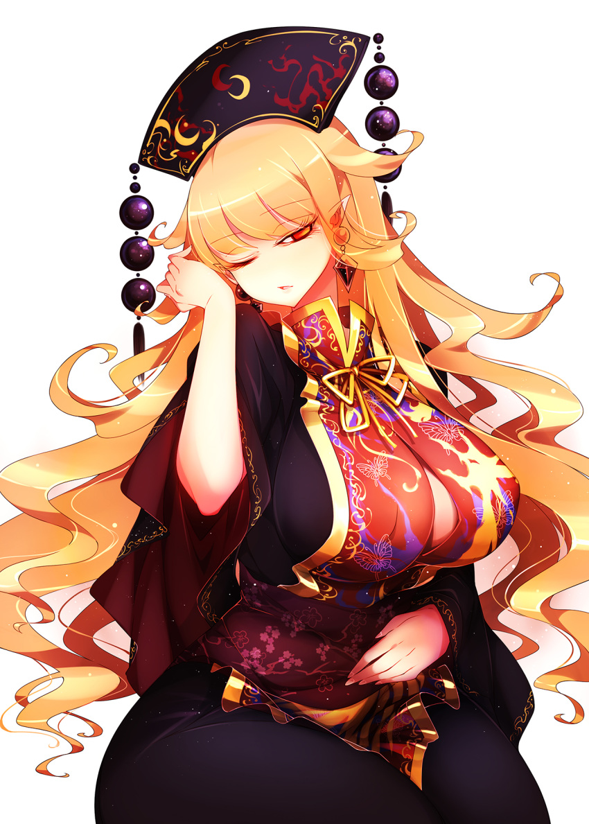 1girl black_dress black_headwear blonde_hair breasts dress earrings eyelashes fingernails floral_print highres jewelry junko_(touhou) large_breasts long_fingernails long_hair long_sleeves looking_at_viewer one_eye_closed parted_lips pointy_ears raptor7 red_eyes simple_background solo tabard tassel touhou wavy_hair white_background wide_sleeves