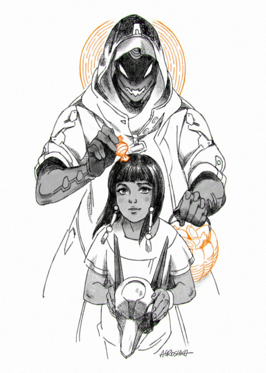 2girls agnieszka_grochalska alternate_costume ana_(overwatch) bangs basket blunt_bangs candy commentary covered_face english_commentary food ghoul_ana halloween headwear_removed helmet helmet_removed highres hood hood_up mask monochrome mother_and_daughter multiple_girls overwatch pharah_(overwatch) spot_color younger