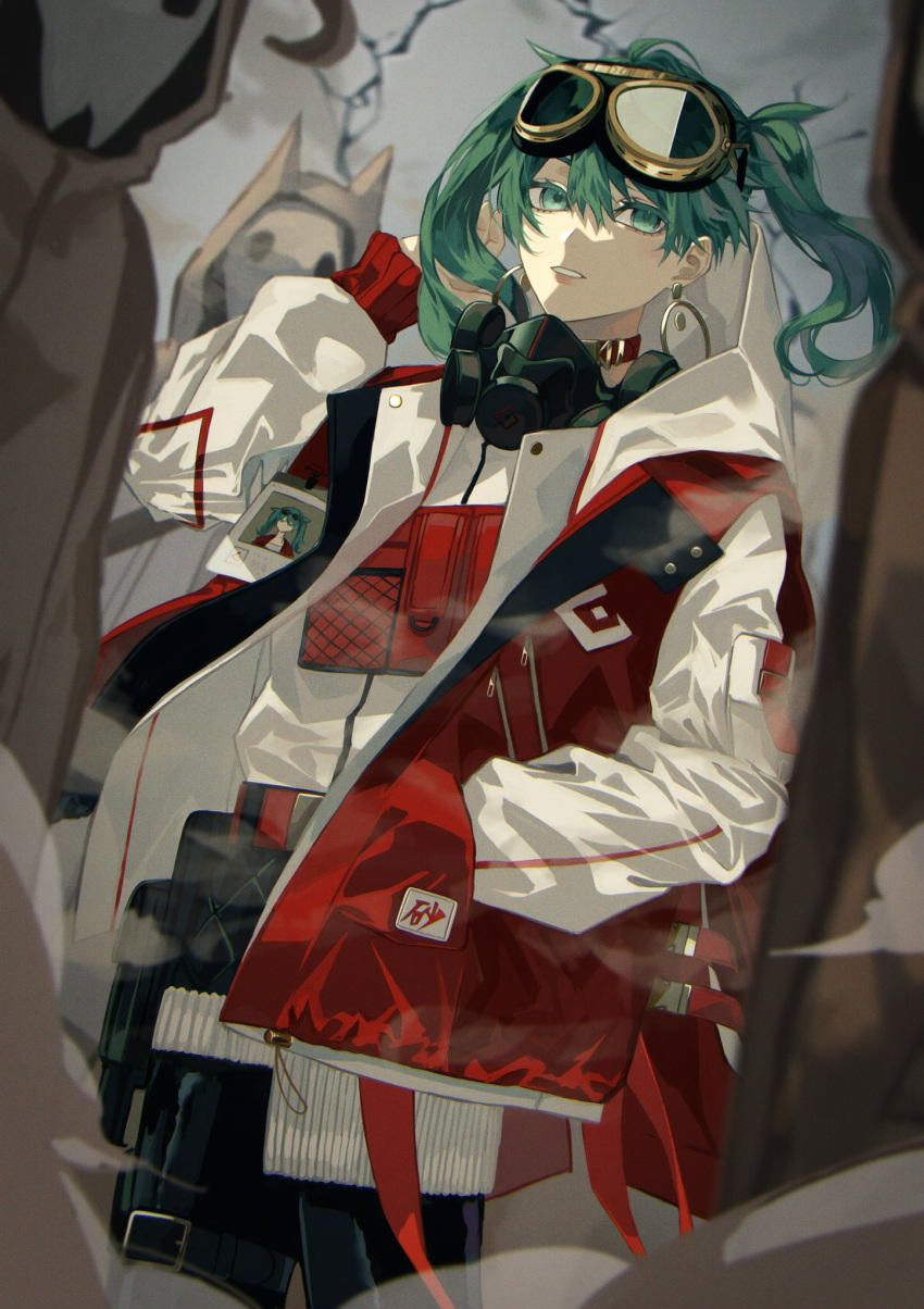 1girl 3others animal_ears aqua_eyes bangs belt_pouch black_pants blurry choker cow depth_of_field dust dutch_angle floating_hair goggles goggles_on_head green_eyes green_hair hair_between_eyes hand_in_pocket hand_up hatsune_miku highres hood hood_up jacket lightning long_hair long_sleeves looking_at_viewer maaroso_09 mask mask_around_neck multiple_others overcast pants parted_lips photo_(object) pouch red_jacket respirator solo_focus suna_no_wakusei_(vocaloid) twintails vocaloid