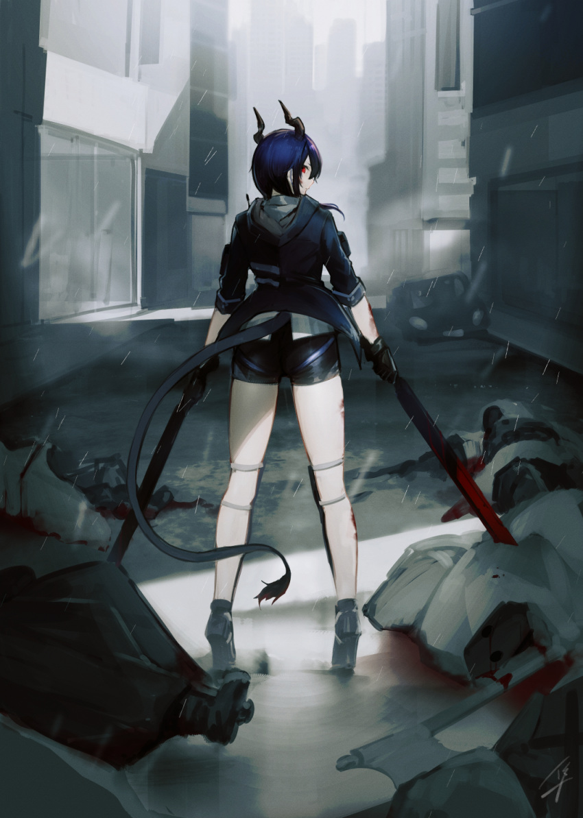 1girl arknights black_gloves black_shorts blood_on_arm blood_on_leg blue_hair bodies building ch'en_(arknights) city cityscape dragon_horns dragon_tail dual_wielding from_behind gloves hayabusa high_heels highres holding holding_sword holding_weapon horns looking_back multiple_swords outdoors rain red_eyes road shin_guards short_shorts shorts standing street sword tail thighs weapon
