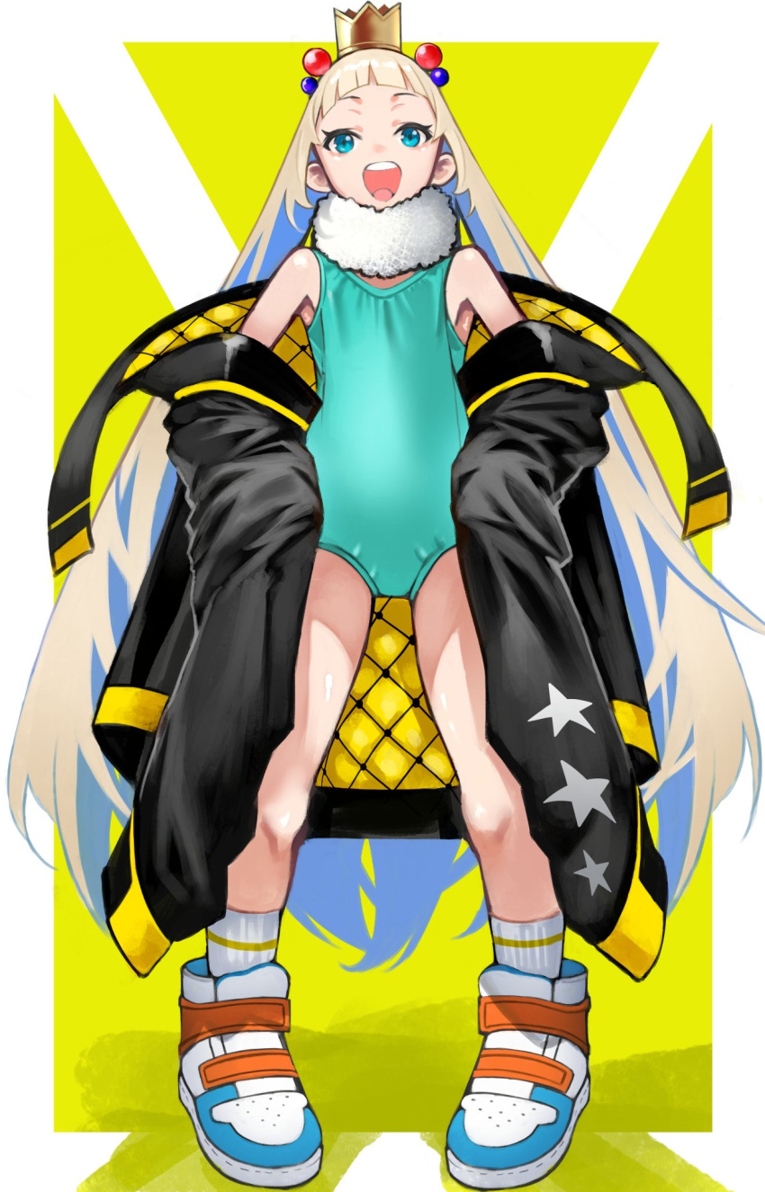 1girl 55level bangs blue_eyes crown flat_chest full_body green_swimsuit hair_bobbles hair_ornament highres light_brown_hair long_hair off-shoulder_jacket one-piece_swimsuit open_mouth original oversized_clothes shoes sleeves_past_wrists sneakers socks solo swimsuit twintails very_long_hair