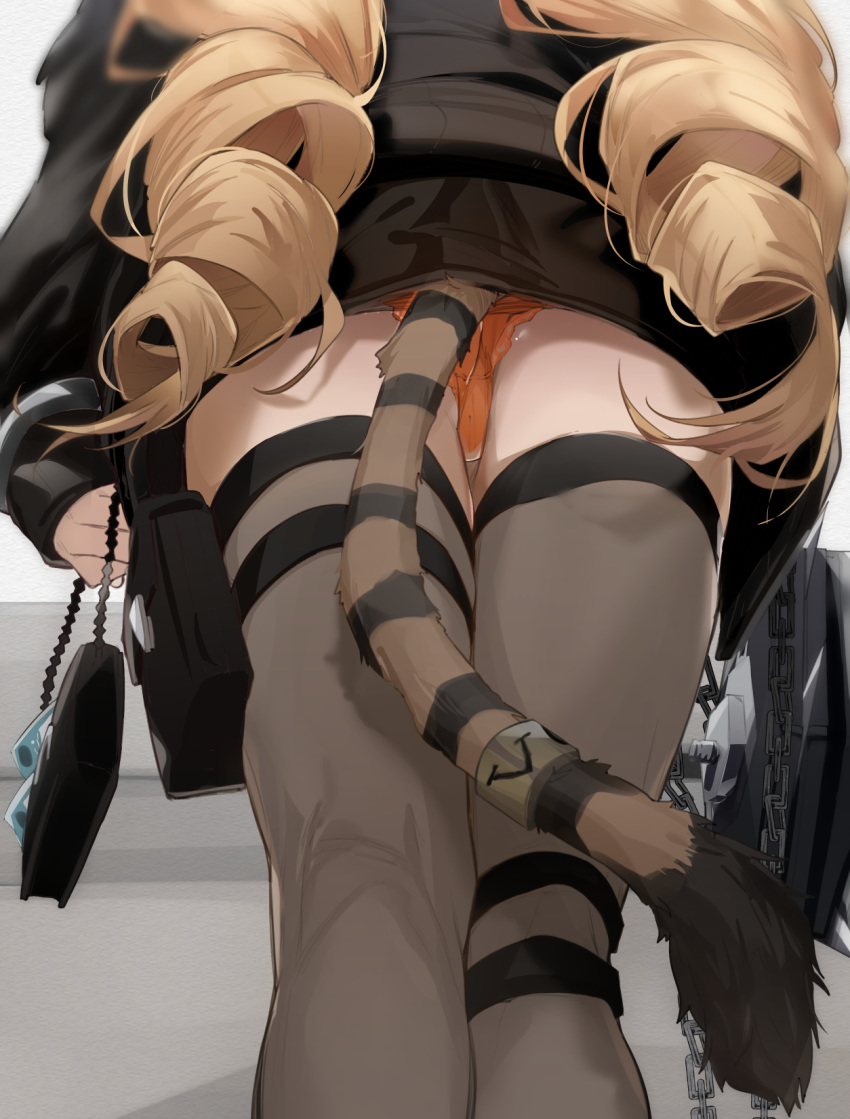 1girl arknights ass black_jacket black_skirt braid brown_hair brown_legwear chain commentary_request from_behind from_below highres holding jacket long_hair long_sleeves lower_body open_clothes open_jacket orange_panties panties skirt sleeves_past_wrists solo striped_tail swire_(arknights) tail tail_ring thigh-highs tiger_tail twin_braids underwear uno_ryoku very_long_hair
