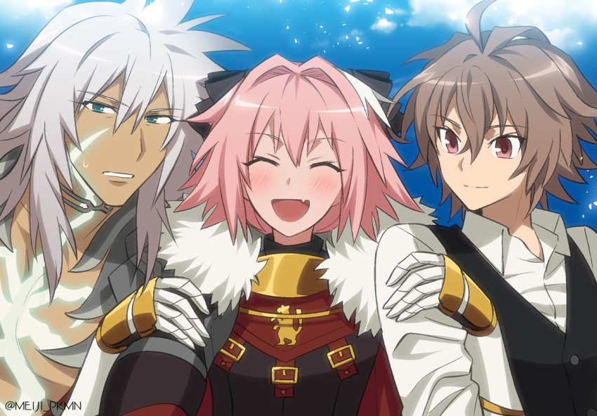 3boys artist_name astolfo_(fate) bangs black_bow black_vest blue_sky blush bow brown_eyes brown_hair closed_eyes closed_mouth collar collared_shirt eyebrows_visible_through_hair fate/grand_order fate_(series) fur_collar green_eyes hair_bow hand_on_another's_arm long_sleeves looking_at_another male_focus medium_hair meiji_ken multiple_boys open_mouth otoko_no_ko pink_hair shirt shirtless short_hair sieg_(fate/apocrypha) siegfried_(fate) sky upper_body vest white_hair white_shirt