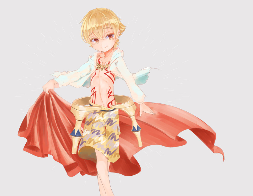 1boy blonde_hair child child_gilgamesh collar fate/grand_order fate_(series) gilgamesh hair_between_eyes highres looking_at_viewer navel red_eyes smile solo soumen_nigoki younger