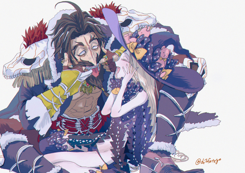 1boy 1girl abigail_williams_(fate/grand_order) ahoge beard black_hair blonde_hair boots bow coat do2mi2co edward_teach_(fate/grand_order) facial_hair facial_scar fate/grand_order fate_(series) hat highres jewelry laughing ring scar sitting stuffed_animal stuffed_toy teddy_bear tongue tongue_out twitter_username witch_hat