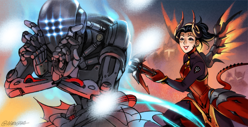 1girl 3boys agnieszka_grochalska alternate_costume aura black_hair commentary demon_horns demon_tail devil_mercy english_commentary extra_eyes faulds gameplay_mechanics genji_(overwatch) glowing glowing_eyes horns lipstick makeup mechanical_wings mercy_(overwatch) multiple_boys omnic overwatch powering_up reinhardt_(overwatch) smile solo_focus tail wings zenyatta_(overwatch)