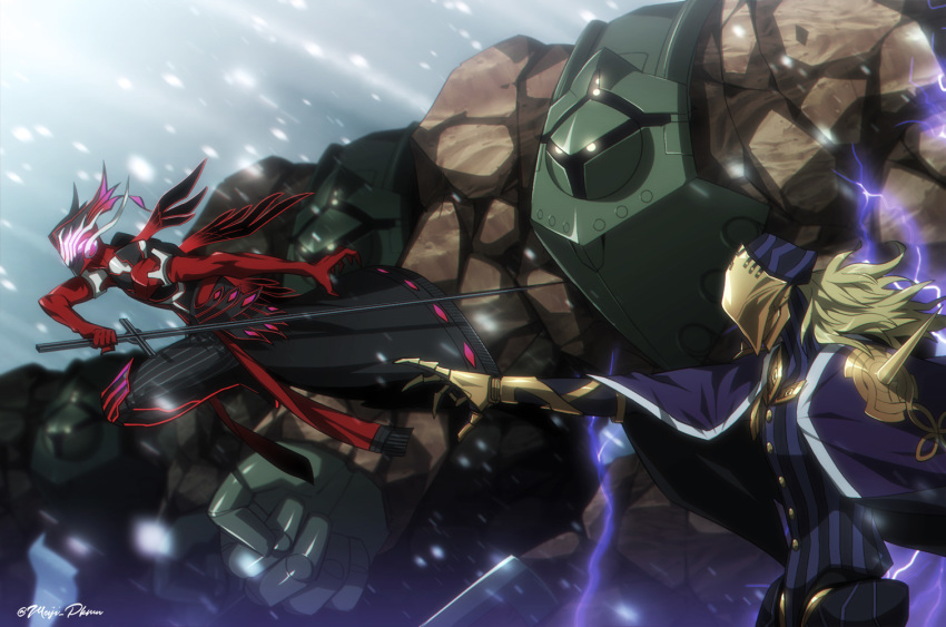 2boys antonio_salieri_(fate/grand_order) artist_name avicebron_(fate) black_cape blonde_hair buttons cape claws electricity fate/grand_order fate_(series) fighting_stance full_body glowing glowing_eyes golem holding holding_sword holding_weapon light_rays long_hair male_focus mask meiji_ken midair multiple_boys outdoors pants pointing snowing standing striped striped_pants sunbeam sunlight sword weapon winter