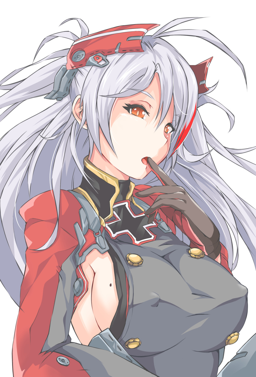 1girl antenna_hair azur_lane azurcentauri bangs black_gloves breasts covered_nipples finger_to_mouth gloves highres iron_cross large_breasts mole mole_on_breast multicolored_hair open_mouth orange_eyes prinz_eugen_(azur_lane) red_eyes sideboob silver_hair simple_background solo streaked_hair swept_bangs two_side_up white_background
