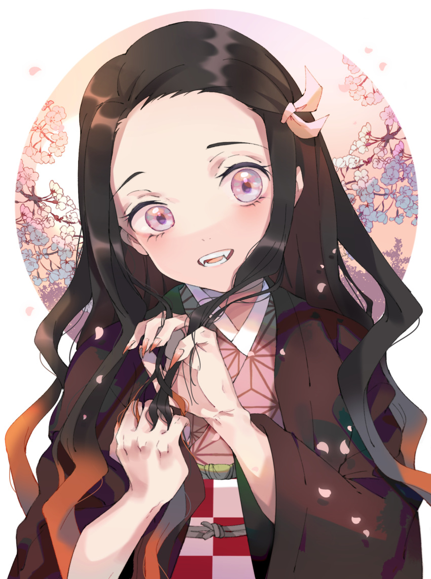1girl :d black_hair blue_flower brown_hair checkered commentary_request fangs floral_background flower forehead gradient_hair hair_ribbon hands_in_hair hands_up highres japanese_clothes kamado_nezuko kayanogura kimetsu_no_yaiba kimono long_hair long_sleeves looking_at_viewer lower_teeth multicolored_hair obi open_clothes open_mouth petals pink_eyes pink_flower pink_kimono pink_ribbon ribbon sash smile solo upper_body upper_teeth very_long_hair white_background wide_sleeves