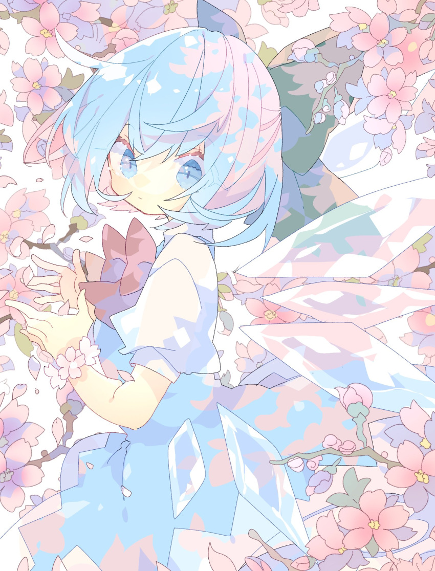 1girl blue_dress blue_eyes blue_hair bow branch bud cherry_blossoms cirno commentary cowboy_shot detached_wings dress flower_bracelet from_side hair_bow hands_up highres ice ice_wings looking_at_viewer nikorashi-ka petals short_hair short_sleeves solo touhou white_background wings