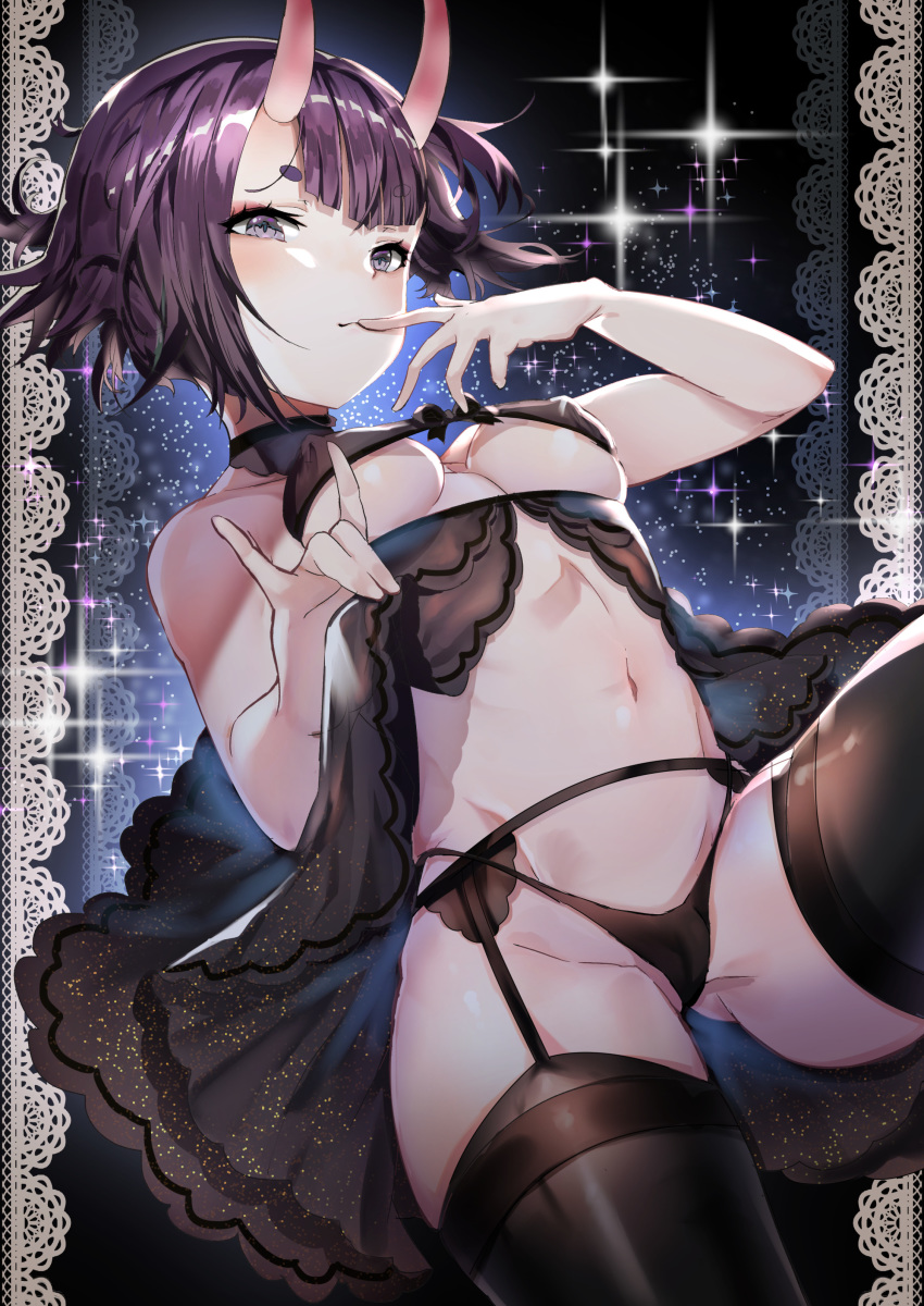 1girl absurdres babydoll bangs bare_shoulders black_background black_bra black_legwear black_panties blush bob_cut bra breasts closed_mouth covered_nipples eyeliner fate/grand_order fate_(series) finger_to_mouth garter_belt gradient gradient_background highres horns lace_border looking_at_viewer makeup matsumura_(awamorizennseiki) navel oni oni_horns panties purple_hair short_eyebrows short_hair shuten_douji_(fate/grand_order) skin-covered_horns small_breasts solo sparkle thigh-highs thighs under_boob underwear violet_eyes