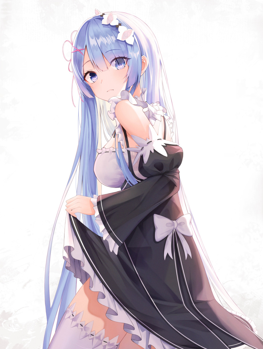 1girl absurdres bangs blue_eyes blue_hair breasts commentary_request detached_sleeves dress fakegeo frills from_side hair_ornament hair_over_one_eye hair_ribbon highres long_hair looking_at_viewer maid maid_headdress medium_breasts pink_ribbon re:zero_kara_hajimeru_isekai_seikatsu rem_(re:zero) ribbon simple_background solo thigh-highs very_long_hair white_background white_legwear x_hair_ornament