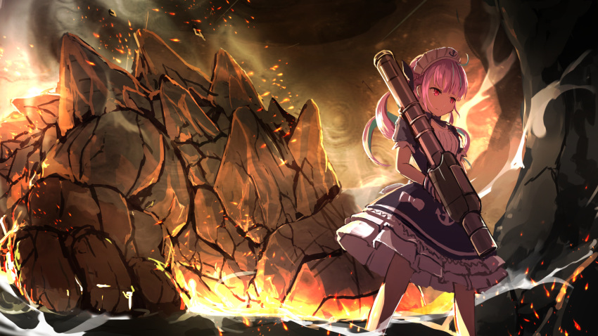 1girl ark_survival_evolved commentary_request drill_hair highres hololive maid_headdress minato_aqua molten_rock monster namako_(namacotan) purple_hair rocket rocket_launcher solo steam twin_drills violet_eyes virtual_youtuber weapon