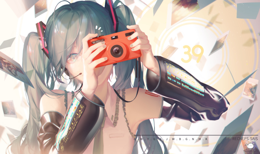 1girl ahoge arms_up artist_name bare_shoulders black_sleeves camera collared_shirt commentary_request detached_sleeves frilled_shirt frilled_shirt_collar frills green_eyes green_hair hair_ornament hatsune_miku headset highres holding holding_camera long_hair long_sleeves photo_(object) shirt sleeveless sleeveless_shirt solo spencer_sais twintails upper_body vocaloid white_shirt