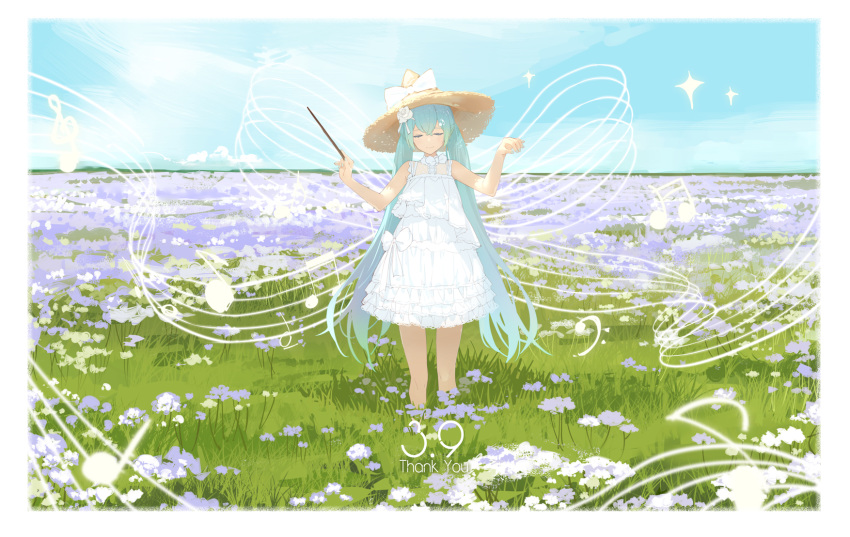 1girl bangs bare_arms bare_shoulders bass_clef baton_(instrument) beamed_sixteenth_notes blue_hair blue_sky bow brown_headwear closed_eyes closed_mouth clouds day dress eighth_note facing_viewer field flower flower_field frilled_dress frills grass hair_flower hair_ornament hands_up hat hat_bow hatsune_miku highres holding holding_wand horizon lf long_hair meadow music musical_note nature outdoors purple_flower rose sky sleeveless sleeveless_dress smile solo sparkle staff_(music) standing straw_hat sun_hat sundress thank_you treble_clef twintails very_long_hair vocaloid wand white_bow white_dress white_flower white_rose wide_shot witch_hat