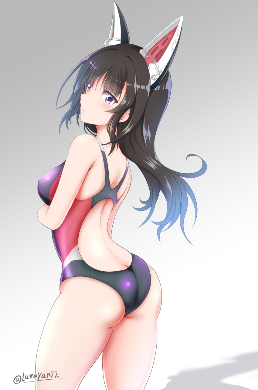 1girl agatsuma_kaede alice_gear_aegis arched_back arm_under_breasts ass backless_swimsuit bangs bare_shoulders black_hair black_swimsuit blush breasts butt_crack closed_mouth commentary_request eyebrows_visible_through_hair gradient gradient_background grey_background hair_between_eyes highres long_hair looking_at_viewer looking_back medium_breasts solo standing swimsuit tamayan twitter_username violet_eyes white_background