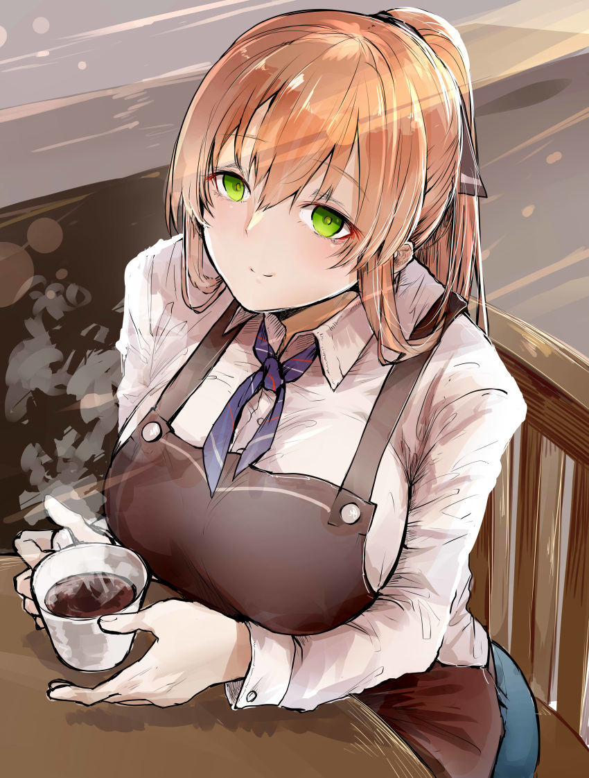 1girl absurdres alternate_costume apron bangs blue_ribbon breasts brown_apron brown_hair chair closed_mouth coffee coffee_mug collared_shirt commentary_request cup dress_shirt eyebrows_visible_through_hair from_above girls_frontline green_eyes hair_between_eyes hair_ribbon hair_rings high_ponytail highres kyoyakyo large_breasts long_hair m1903_springfield_(girls_frontline) mug ponytail ribbon shirt sidelocks smile table white_shirt
