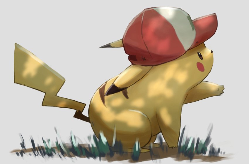1other animal baseball_cap creatures_(company) from_side game_freak gen_1_pokemon grass hat mammal mouse na_(oagenosuke) nintendo no_humans olm_digital pikachu pokemon red_headwear simple_background solo white_background