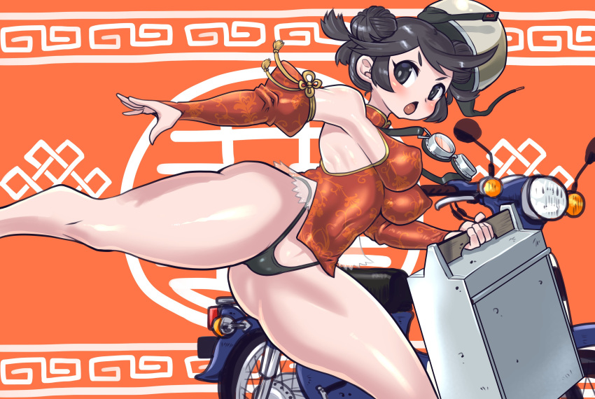 1girl absurdres ass bare_shoulders black_eyes black_hair black_panties china_dress chinese_clothes commentary commentary_request covered_navel covered_nipples detached_sleeves double_bun dress ground_vehicle helmet highres kicking minami_aomori motor_vehicle motorcycle open_mouth original panties revealing_clothes solo takeout_container thong underwear