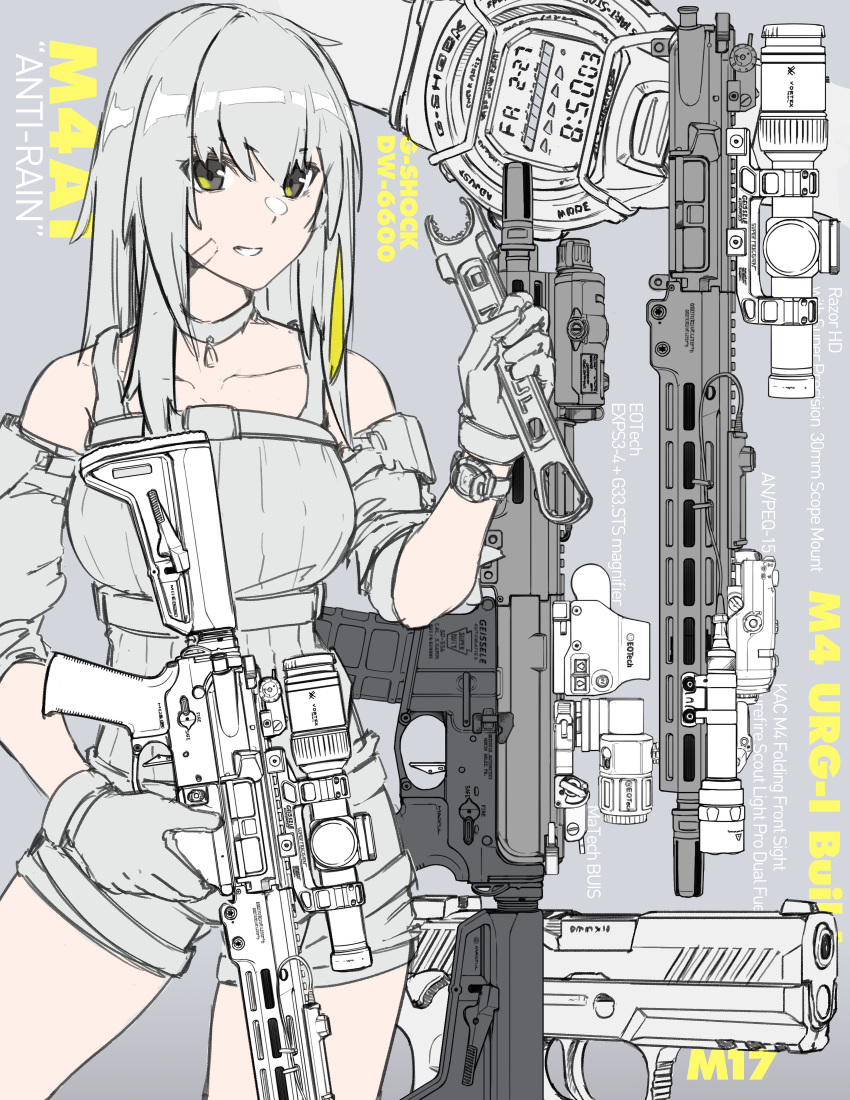1girl absurdres assault_rifle bare_shoulders blonde_hair breasts choker collarbone commentary detached_sleeves girls_frontline gloves grey_background greyscale grin gun hair_between_eyes highres holding holding_weapon holding_wrench m4_carbine m4a1_(girls_frontline) medium_breasts medium_hair minata_(axl19941120) monochrome multicolored_hair rifle scope shiny shiny_hair shorts smile solo spot_color streaked_hair upper_body watch watch weapon wrench yellow_eyes