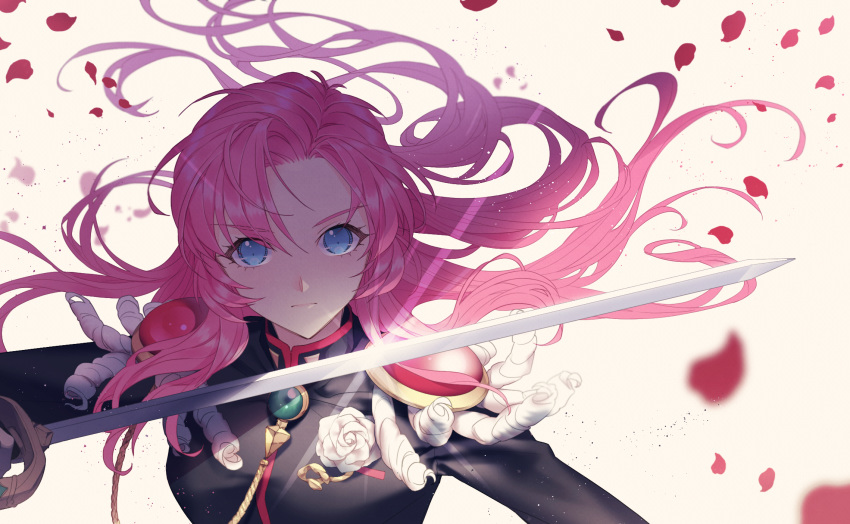 1girl bangs blue_eyes brooch commentary flower green_brooch highres jewelry long_hair long_sleeves looking_at_viewer parted_bangs petals pink_hair ribbonari rose rose_petals shoujo_kakumei_utena shoulder_pads solo sword tenjou_utena weapon white_flower white_rose