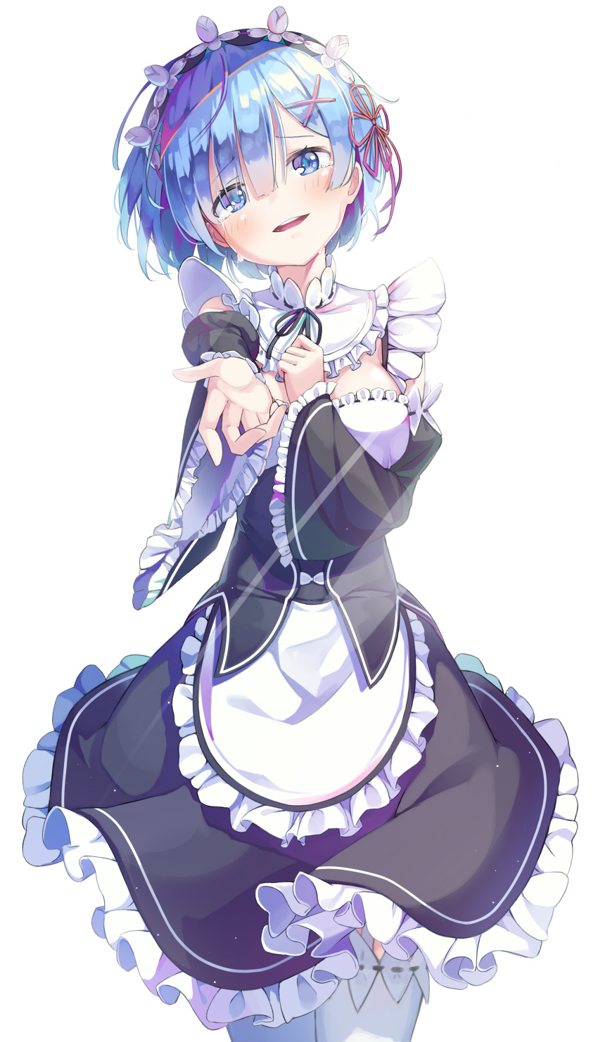 1girl absurdres bangs black_ribbon blue_eyes blue_hair blush breasts commentary_request detached_sleeves dress eyebrows_visible_through_hair frills hair_ornament hair_over_one_eye hair_ribbon highres kimyo looking_at_viewer maid maid_headdress medium_breasts open_mouth pink_ribbon re:zero_kara_hajimeru_isekai_seikatsu rem_(re:zero) ribbon short_hair simple_background smile solo tears thigh-highs white_background white_legwear x_hair_ornament