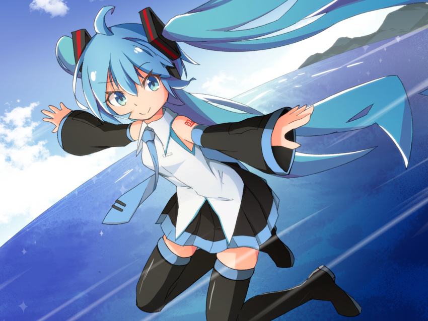 &gt;:) 1girl ahoge bangs bare_shoulders black_footwear black_legwear black_skirt black_sleeves blue_eyes blue_hair blue_neckwear blue_sky boots breasts closed_mouth clouds collared_shirt commentary day detached_sleeves eyebrows_visible_through_hair hair_between_eyes hair_ornament hatsune_miku horizon long_hair long_sleeves mamagogo_(gomaep) necktie ocean outdoors pleated_skirt shirt skirt sky sleeveless sleeveless_shirt sleeves_past_wrists small_breasts smile solo sparkle thigh-highs thigh_boots tie_clip twintails v-shaped_eyebrows very_long_hair vocaloid water white_shirt wide_sleeves