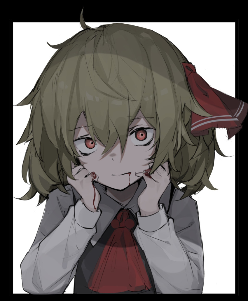 1girl ahoge ascot black_vest blonde_hair blood blood_from_mouth blood_on_face blood_on_fingers bow bowtie closed_mouth commentary_request cravat expressionless eyebrows_visible_through_hair hair_between_eyes hair_bow hair_ribbon hands_on_own_cheeks hands_on_own_face highres hisha_(kan_moko) long_sleeves looking_at_viewer red_bow red_eyes red_neckwear red_ribbon ribbon rumia shade shadow shirt short_hair simple_background solo touhou upper_body vest white_shirt wing_collar