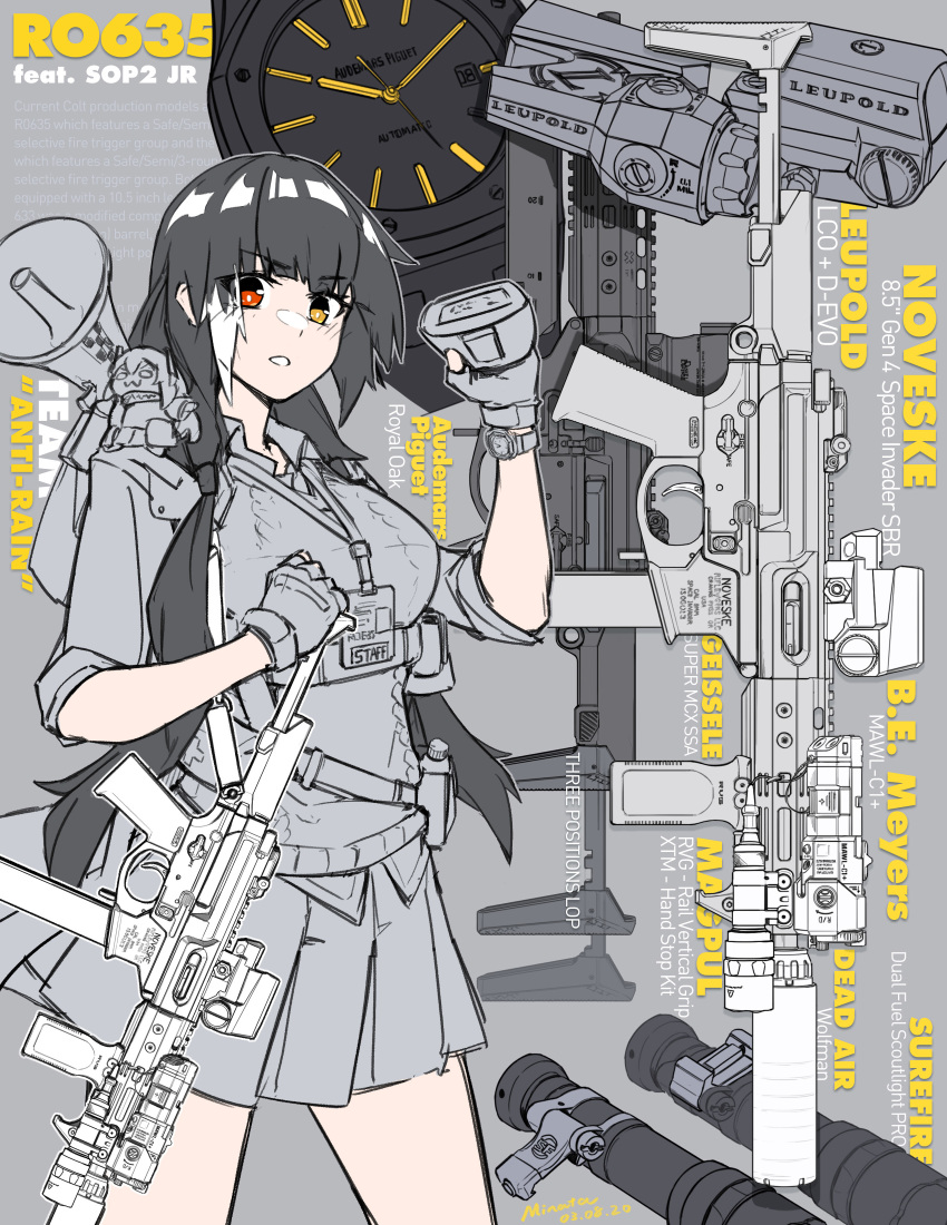 1girl absurdres arm_up black_hair character_doll character_name chibi collared_shirt english_text fingerless_gloves girls_frontline gloves grey_background gun hand_on_weapon heterochromia highres holding_binoculars id_card jewelry lanyard megaphone minata_(axl19941120) multicolored_hair necklace open_mouth over_shoulder pleated_skirt red_eyes ro635 ro635_(girls_frontline) scope shirt short_sleeves skirt solo spot_color submachine_gun sweater_vest twintails two-tone_hair untucked_shirt watch watch weapon weapon_over_shoulder white_hair yellow_eyes