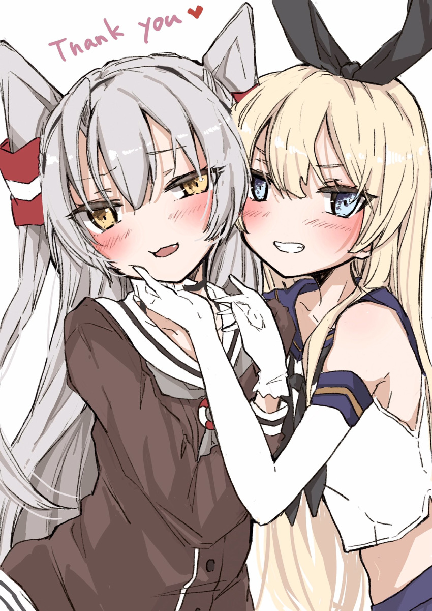 2girls amatsukaze_(kantai_collection) black_hairband black_neckwear blonde_hair blue_eyes blue_sailor_collar blue_skirt brown_dress chigasaki_y commentary_request cowboy_shot crop_top dress elbow_gloves fang gloves grin hair_tubes hairband hand_on_another's_chin highres kantai_collection long_hair looking_at_viewer microskirt multiple_girls neckerchief sailor_collar sailor_dress shimakaze_(kantai_collection) silver_hair skirt smile two_side_up white_gloves white_sailor_collar windsock