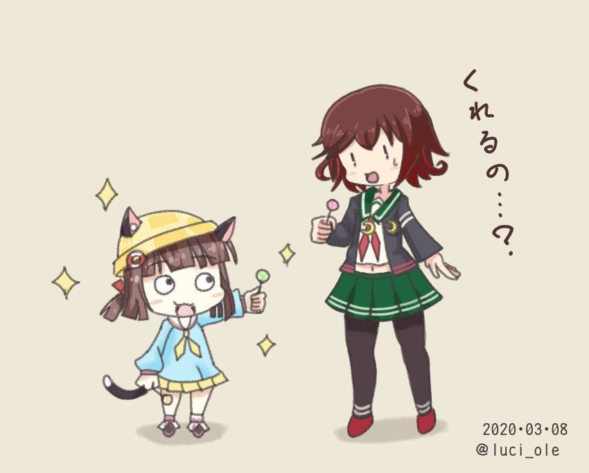 2girls animal_ears azur_lane bell black_legwear blue_jacket blue_shirt brown_hair candy cat_ears cat_tail commentary_request crescent crescent_moon_pin crossover dated ears_through_headwear food gradient_hair green_sailor_collar green_skirt hat height_difference highres holding_lollipop jacket kantai_collection kindergarten_uniform lollipop luci_ole multicolored_hair multiple_girls mutsuki_(azur_lane) mutsuki_(kantai_collection) mutsuki_face namesake navel neckerchief pantyhose pleated_skirt red_neckwear redhead remodel_(kantai_collection) sailor_collar school_hat school_uniform serafuku shirt short_hair skirt standing tail tail_bell twitter_username yellow_headwear yellow_skirt