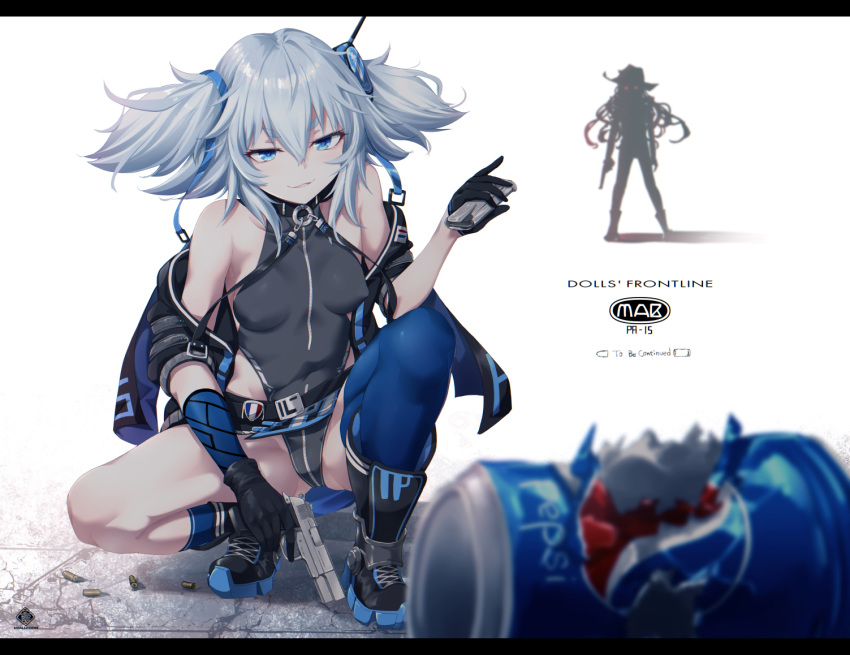 2girls bare_shoulders belt black_gloves blue_eyes blue_legwear breasts can colt_m1873_(girls_frontline) commentary_request covered_nipples girls_frontline gloves glowing glowing_eyes grey_hair gun holding holding_gun holding_weapon letterboxed magazine_(weapon) mishima_hiroji multiple_girls off-shoulder_jacket pa-15_(girls_frontline) parted_lips pepsi pointy_breasts shell_casing single_thighhigh small_breasts soda_can squatting thigh-highs twintails weapon white_background