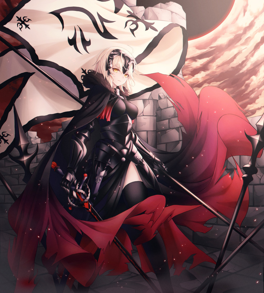 1girl absurdres armor armored_dress banner black_cape black_dress black_legwear breasts breasts_apart cape dress fate/grand_order fate_(series) faulds gauntlets gradient_cape headpiece highres holding holding_sword holding_weapon huge_filesize jeanne_d'arc_(alter)_(fate) jeanne_d'arc_(fate)_(all) looking_at_viewer medium_breasts red_cape short_hair silver_hair solo standing sword thigh-highs weapon yellow_eyes yeomin_s7