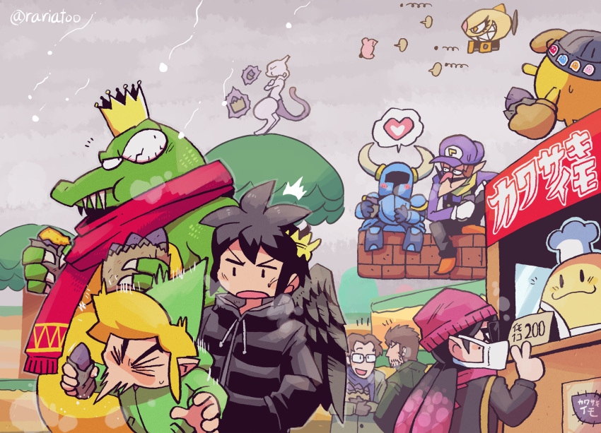 :3 aori_(splatoon) artist_name beanie brick bulging_eyes chef_kawasaki coat commentary dark_pit donkey_kong_(series) donkey_kong_country facial_hair floating floating_object food food_stand gen_1_pokemon glasses hal_emmerich hat heart helmet highres horned_helmet kabula kid_icarus kid_icarus_uprising king_k._rool kirby kirby's_dream_land kirby_(series) legendary_pokemon link looking_at_another looking_back super_mario_bros. mask metal_gear_(series) mewtwo mouth_mask mustache notice_lines outdoors pac-man pac-man_(game) pokemon pokemon_(creature) rariatto_(ganguri) scarf shovel_knight shovel_knight_(character) sneezing snowing solid_snake splatoon_(series) splatoon_1 spoken_heart stubble sunglasses super_smash_bros. surgical_mask sweet_potato telekinesis the_legend_of_zelda the_legend_of_zelda:_the_wind_waker toon_link translated tree twitter_username v waluigi winter winter_clothes |_|