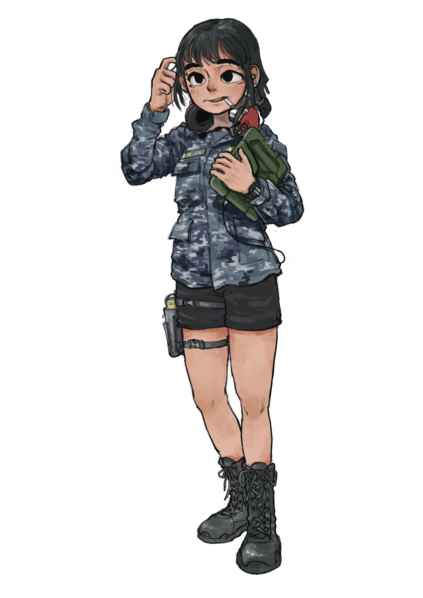 1girl absurdres black_hair boots camouflage cigarette commentary english_commentary full_body gun handgun headphones headphones_around_neck headset highres holster holstered_weapon military original pistol short_shorts shorts smoking solo tablet_pc watch watch weapon whdgus2078 white_background