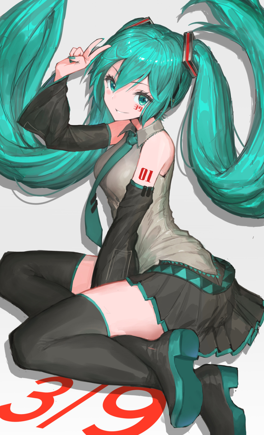 1girl arm_between_breasts bare_shoulders belt black_legwear black_skirt black_sleeves body_writing crossed_ankles dated detached_sleeves facial_mark green_eyes green_hair green_nails grey_shirt hair_between_eyes hatsune_miku headset highres long_hair looking_at_viewer loose_belt miniskirt necktie number_tattoo parted_lips pleated_skirt shirt shoulder_tattoo skirt smile solo tattoo thigh-highs twintails v very_long_hair vocaloid yuu_kisetu_bi zettai_ryouiki