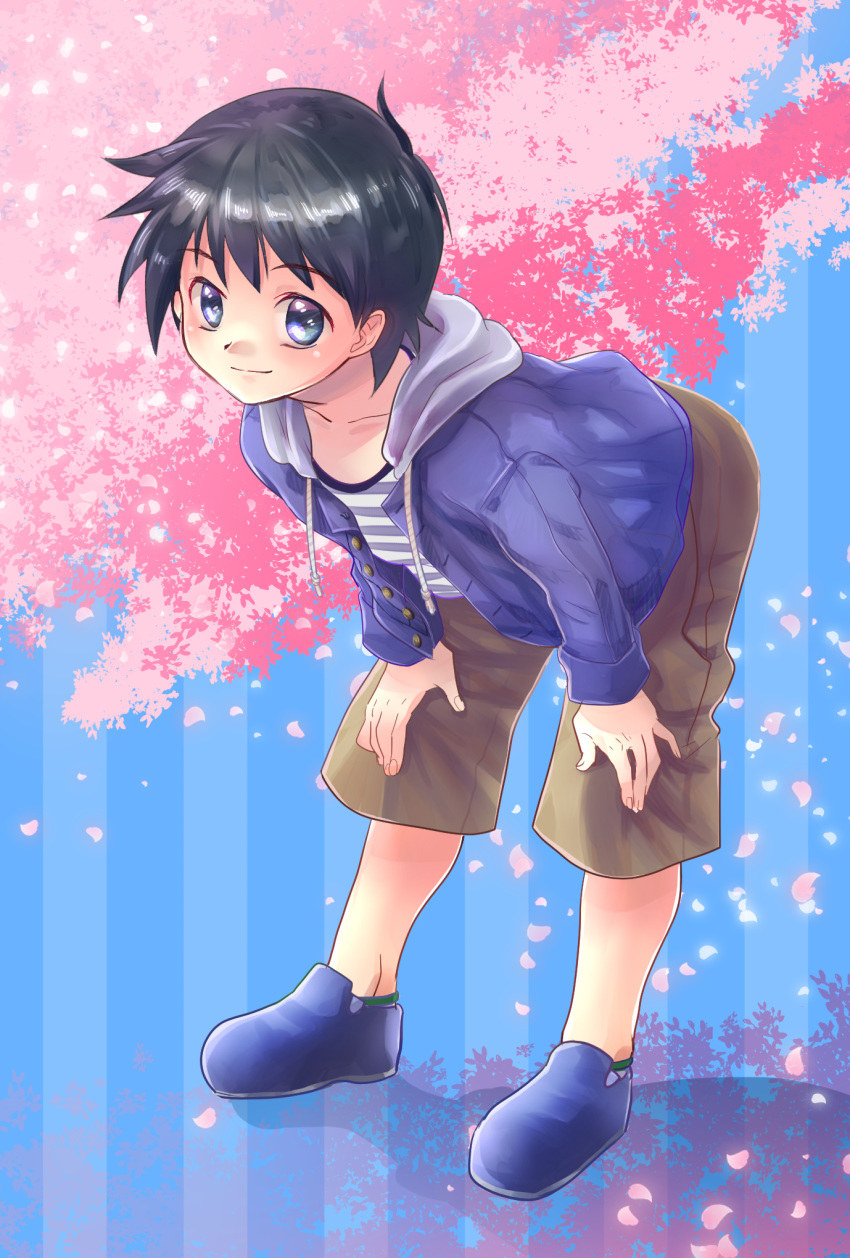 1boy ayase_iyo bent_over black_hair blue_eyes cherry_blossoms full_body highres hood hoodie looking_at_viewer male_focus original petals shirt shorts shota smile spring_(season) striped striped_shirt