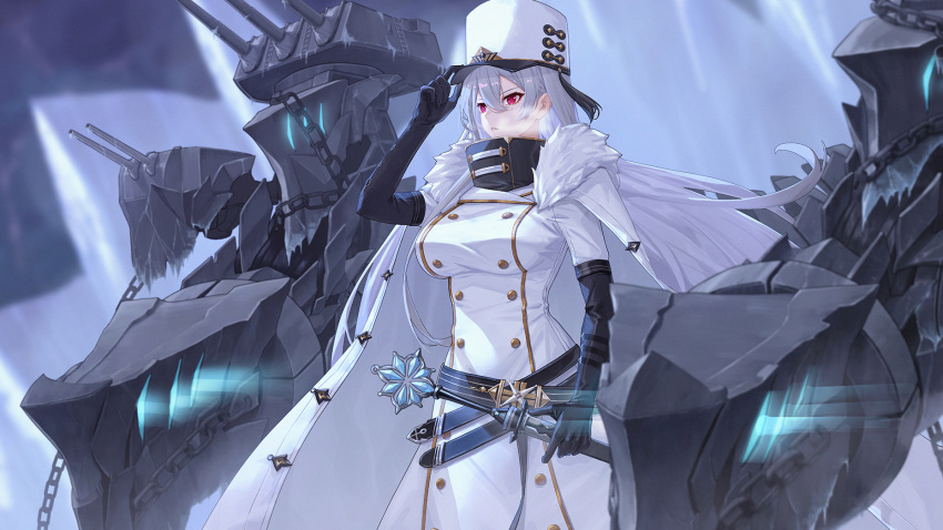 1girl azur_lane black_gloves breasts coat coat_dress double-breasted fur-trimmed_coat fur_trim gloves hair_between_eyes hat high_collar highres holding holding_scepter jacky5493 large_breasts long_hair looking_at_viewer looking_away military_hat red_eyes silver_hair solo sovetskaya_rossiya_(azur_lane) turret very_long_hair white_coat white_headwear
