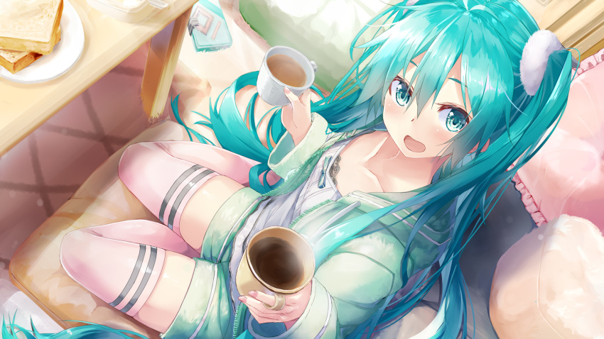 1girl alternate_costume aqua_eyes aqua_hair bread cup cushion daidou_(demitasse) dutch_angle food from_above green_jacket hair_between_eyes hatsune_miku highres holding holding_cup indoors jacket long_hair nail_polish open_mouth pink_legwear sitting solo teacup thigh-highs twintails very_long_hair vocaloid yokozuwari