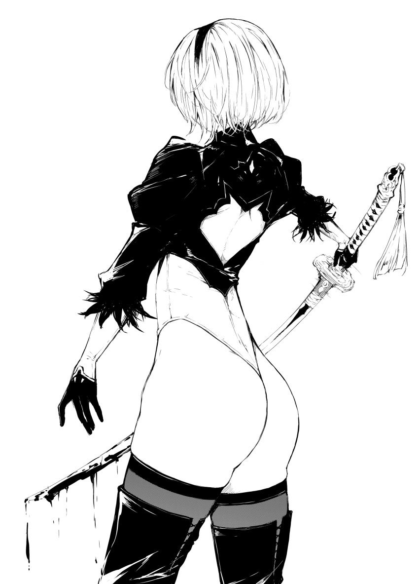 1girl absurdres ass back blood bloody_weapon flat_(joppin_karu!) gloves greyscale hairband highres holding holding_sword holding_weapon katana long_hair monochrome nier_(series) nier_automata puffy_sleeves short_hair simple_background solo sword thigh-highs weapon white_background yorha_no._2_type_b