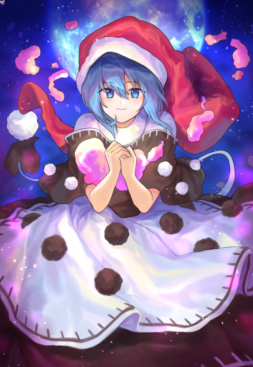 1girl bangs black_capelet blob blue_eyes blue_hair capelet cheunes commentary cowboy_shot doremy_sweet dress eyebrows_visible_through_hair full_moon hair_between_eyes hands_up hat highres looking_at_viewer moon nightcap own_hands_together pom_pom_(clothes) red_headwear short_hair smile solo tail tapir_tail touhou white_dress