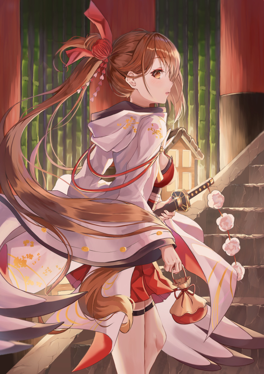 1girl absurdres azur_lane bangs blush breasts brown_hair dress eyebrows_visible_through_hair hair_ornament highres japanese_clothes kano_(mgnnew12) katana large_breasts long_hair looking_at_viewer open_mouth ponytail red_dress smile solo sword very_long_hair weapon wide_sleeves zuikaku_(azur_lane)